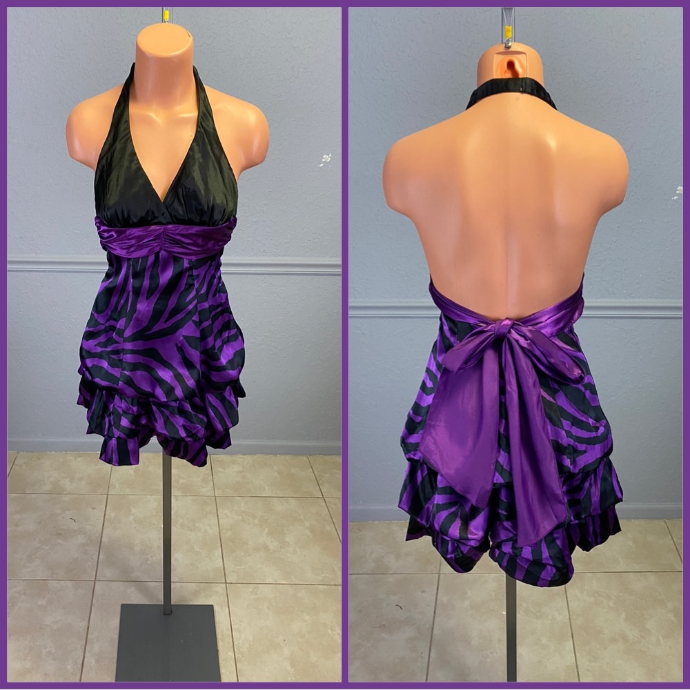 Vintage Y2K Black Purple Ruffled Halter Mini Dress